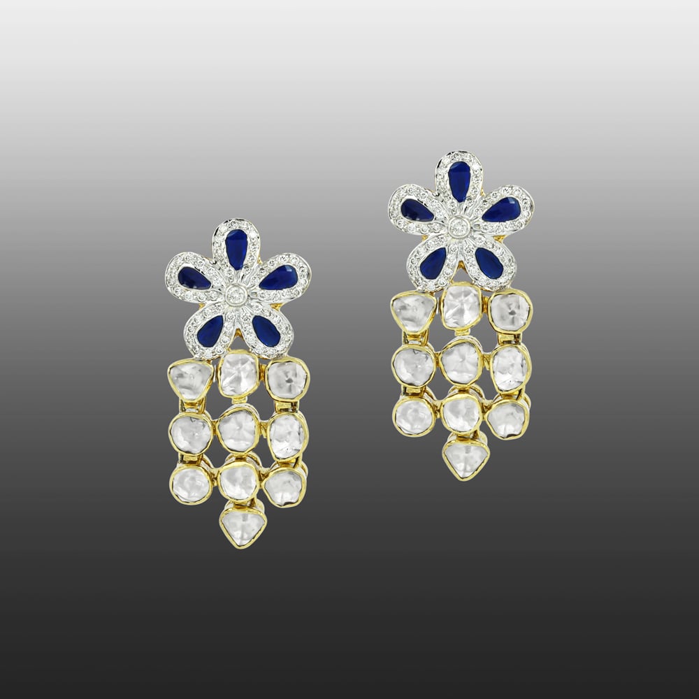 Floral Polki Earrings with Blue Stone and Cascading Polkis